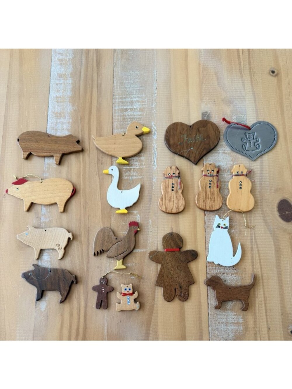 16 Vintage Wooden Christmas Ornaments & One Metal Ornament